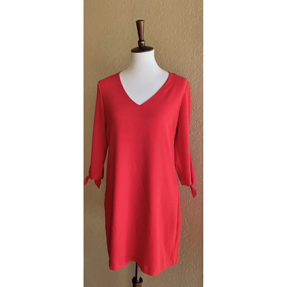 Charles Henry Red Women's Size Small S Tie Sleeve V-neck Crepe Shift Dress